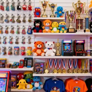 Retail of souvenirs, prizes, and merchandise for arcade and amusement machines